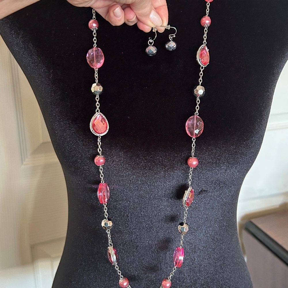Pink Beaded Long Necklace and Earring Set